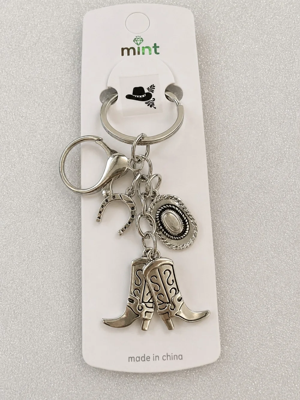 mint Silver Western Charm Keychain with Cowboy Boot, Hat and Horseshoe